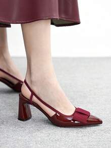 CUCCOO BIZCHIC Burgundy Pointed Toe Bow Decor Chunky Heel High Heels - Burgundy - View 5