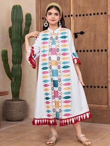 Bộ 2 món cho bé gái tuổi teen, kiểu dáng thường ngày, gồm áo khoác và váy chữ A in họa tiết patchwork tua rua, màu đỏ tía và be. - Màu Đỏ Sâu - Xem 6