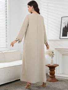 Yasmyna Women's Casual Vacation Style Patchwork Lace Applique V-Neck Flare Sleeve Loose Arabic Traditional Long Dress, Spring Arabic-Style Long Kaftan Robe, Arabic Women's Dress, Turkish Dress, Abaya Robe, Traditional Women's Dress Arabic Style Long Dress Kaftan Jalabiya Dress Arabic Dress For Women Turkish Dress Abaya Dress Abaya For Women - Apricot - View 3