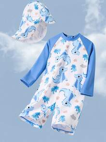 SHEIN Young Boy Cartoon Dinosaur Print Raglan Sleeve One-Piece Swimsuit With Shorts - Multicolor - View 2