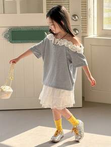 DAZY Young Girl' Casual Ruffle Trim Asymmetrical Shoulder Short Sleeve T-Shirt - Grey - View 1