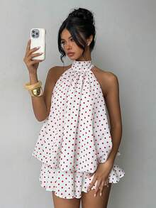 Aloruh Váy ngắn hở lưng họa tiết chấm bi thanh lịch dành cho nữ - Đỏ và trắng - Xem 7