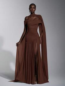 Elitara Elegant Gray Minimalist Off-Shoulder Ruched Asymmetric A-Line High Slit Dress, Suitable For Weddings, Formal Events, Galas, And Cocktail Parties - Brown - View 1