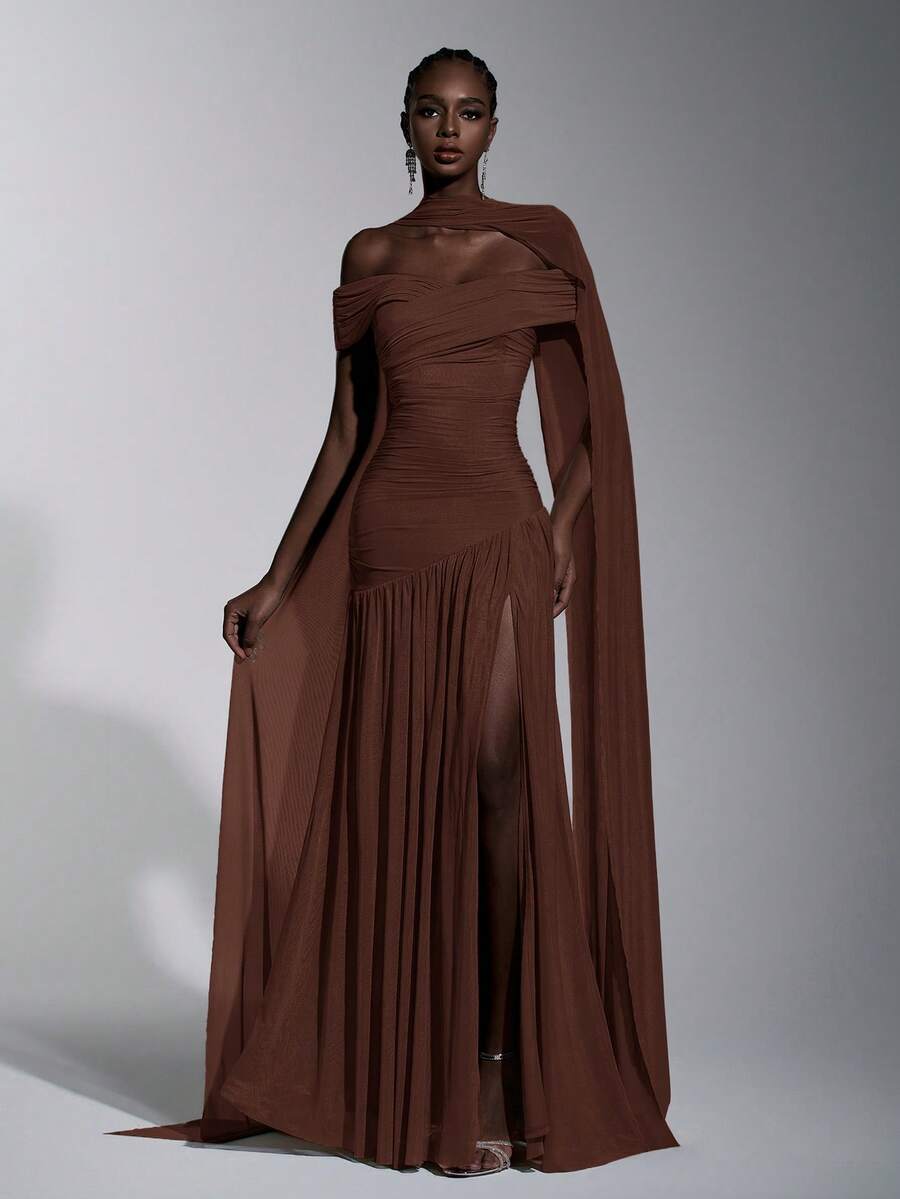Elitara Elegant Gray Minimalist Off-Shoulder Ruched Asymmetric A-Line High Slit Dress, Suitable For Weddings, Formal Events, Galas, And Cocktail Parties - Brown - View 1
