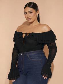 SHEIN BAE 大码秋季优雅外出性感派对女士黑色网纱无肩带露肩荷叶边抹胸上衣性感前中心系带荷叶边袖口褶皱连体衣甜美连体衣派对连体衣婚礼宾客连体衣万圣节服装圣诞节服装生日派对服装 - 黑色 - 查看 8