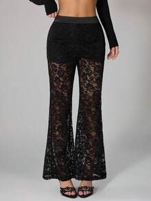 SHEIN PETITE Women's High Waist Floral Lace Elegant Fashion Flare Pants - Black - View 4