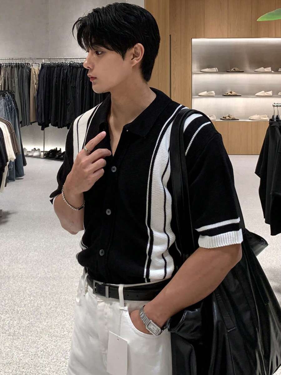 DAZY 男士黑棕白条纹针织衫，春夏款 - 黑與白 - 查看 1