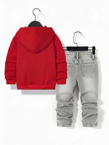 SHEIN Bộ 2 món đồ denim họa tiết nhện thời trang dạo phố màu đỏ và quần jeans denim bó cao co giãn rách màu đen cho bé trai, trang phục thu/đông cho bé trai - Màu Xám nhạt - Xem 2