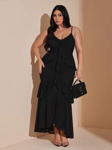 SHEIN BAE Plus Size Black Spaghetti Strap Knit Mesh Ruffle Dress,Women's Elegant Summer Wedding Guest Dress, Night Out Club Formal Valentine Outfits - Black - View 3