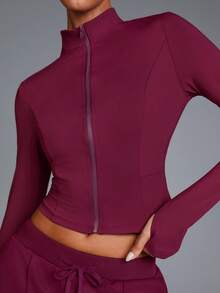 Menodora SHEIN Sport 纯色休闲插肩拉链运动瑜伽长袖外套 - 紫色 - 查看 2