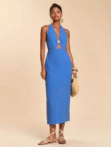 Travachic 女士金属花朵装饰深V性感露背优雅度假连衣裙 - 藍色 - 查看 5