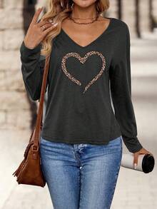 EMERY ROSE Women's Casual Everyday V-Neck Long Sleeve T-Shirt,Grey Leopard Print Heart Graphic Retro Minimalist Tee For Autumn,Spring Daily Commute - Dark Grey - View 3