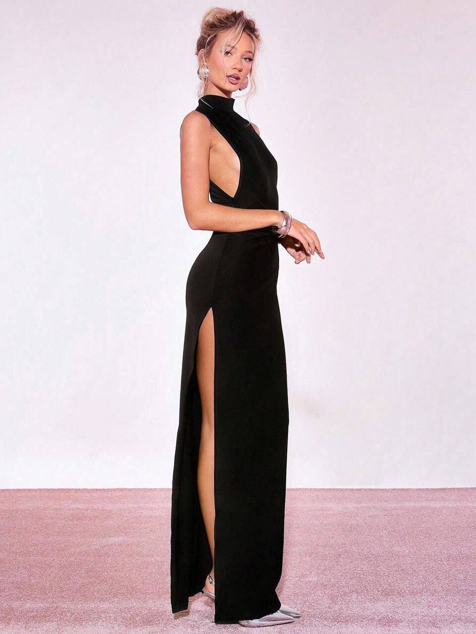 Black High Neck Satin Maxi Dress