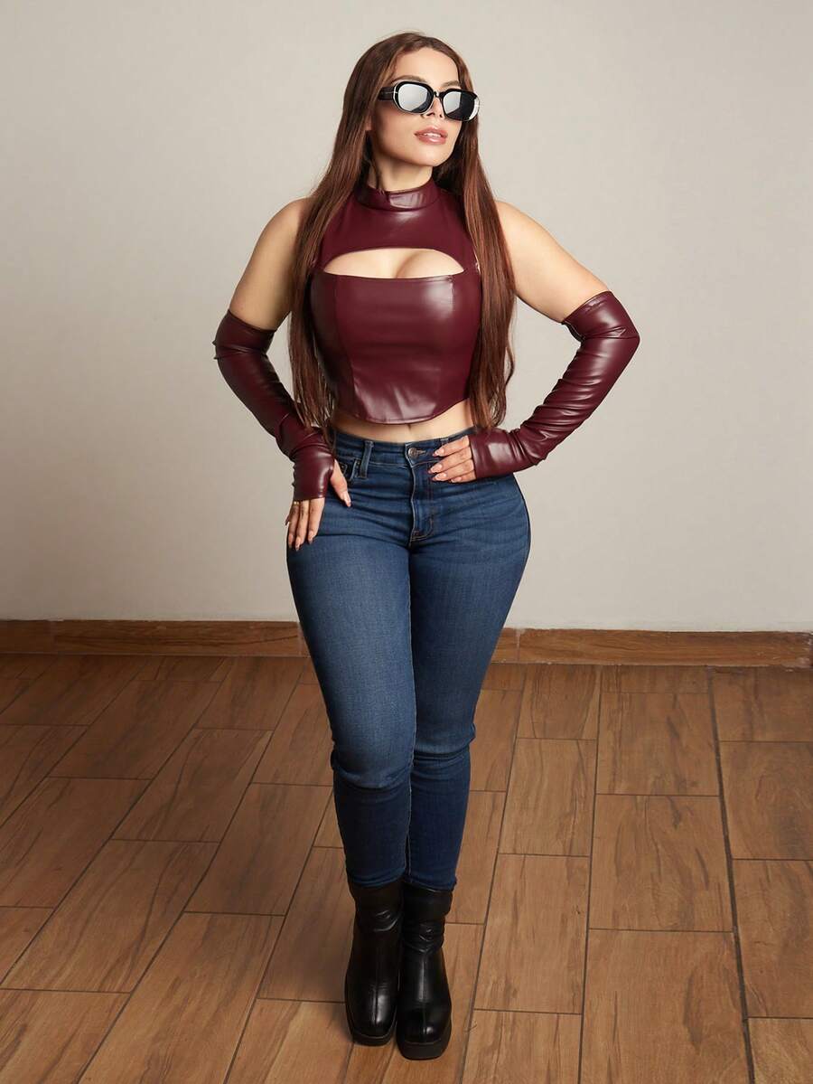 Lupita Cardoza Women's Sleeveless Cutout Front Cropped Top With Mini Stand Collar - Burgundy - View 1