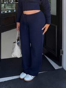 Maria Perezxox 低腰抽绳罗纹针织阔腿休闲裤，适合机场、假日、度假、夏季、海滩、秋季、冬季、日常、圣诞节、工作、办公室、感恩节等场合，时尚百搭。 - 藏蓝色 - 查看 5