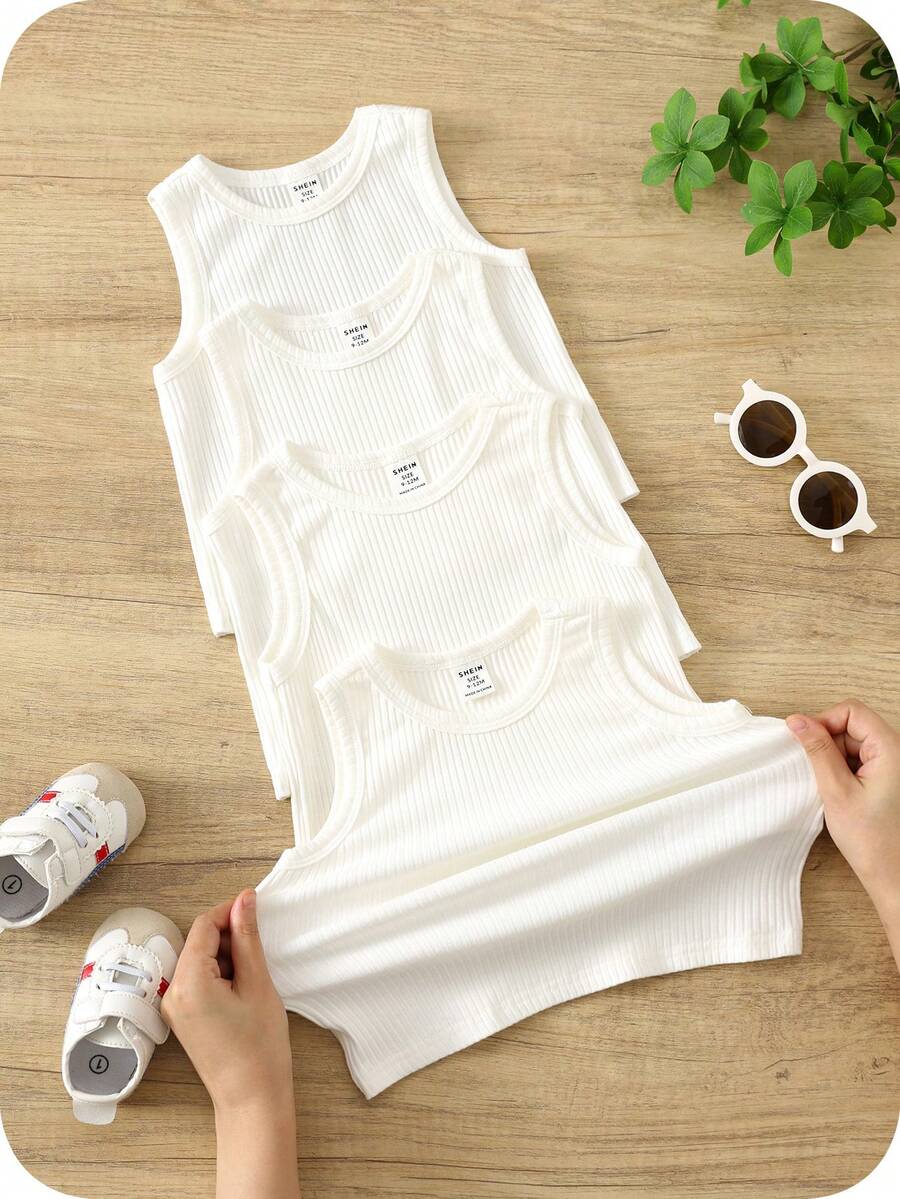 Bộ 4 áo ba lỗ dệt kim trơn màu đơn giản cho bé trai, màu trắng, nhiều màu lựa chọn - Nhiều màu - Xem 1