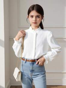 SHEIN 少女纯色荷叶边下摆休闲衬衫，优雅正式上衣，适合青少年女孩，女童校服衬衫 - 白色 - 查看 2