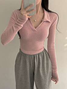 DAZY Áo thun nữ cổ lọ tay dài màu trơn, ôm sát, quần áo mùa thu, quần áo trở lại trường, quần áo mùa thu cho nữ - Hồng - Xem 4