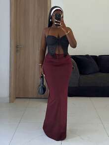 Slaydiva New Spring/Summer Music Festival Valentine's Day Casual And Simple Basic Style Y2K Street Sweet Internet Celebrity Bestseller Daily Date Hot Girl Style Sexy Casual And Simple Home Wear Sportswear, Low Waist, Waist Joint Flip Piece Design, Side Pleated Slimming And Body-Hugging Skirt, Brown Super Long Skirt, Women's Half Skirt -A - Brown - View 4