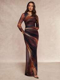 Silquee This Women's Brown Tie-Dye Printed Mesh Round Neck Long-Sleeved Dress Features A Fitted Waist With Ruching And A Sexy Open Back, Showcasing Feminine Charm. Elegant And Captivating, It's Perfect For Everyday Wear. It's Versatile Enough To Be Paired With Anything From Dates, Wedding Season Outfits, Cocktail Parties, Romantic Parties/Date Wear, Evening Gowns, Day And Night Dresses, Bridesmaid Dresses, Stylish And Elegant Party Dresses, Casual Date Wear, Formal Attire, Romantic Date Wear, Elegant Dr