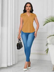 Lunelith SHEIN Lunessa Elegant Lace Patchwork Wave Striped Short Sleeve Women Blouse - Orange - View 4