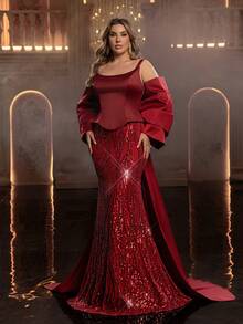 Glamrae Đầm dạ hội cỡ lớn sang trọng, thanh lịch màu đỏ đính sequin thêu họa tiết, chất liệu satin co giãn, kiểu trễ vai, tay phồng cánh bướm, dáng đuôi cá, thích hợp cho tiệc tối, tiệc độc thân, hẹn hò, dạ hội, kỳ nghỉ, lễ cưới (chất liệu dày dặn). - Đỏ - Xem 6