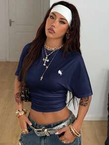 Coolane 女士夏季极简主义 Y2K 基础日常休闲返校街头风弹力白色宽松褶皱短款T恤 - 藏蓝色 - 查看 5