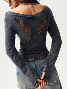 Bohemela Camiseta feminina casual de cor sólida com efeito desgastado, estilo boho, para férias na primavera/verão, inspirada nos anos 2000, para o Dia dos Namorados e festivais de música. - Preto - Ver 7