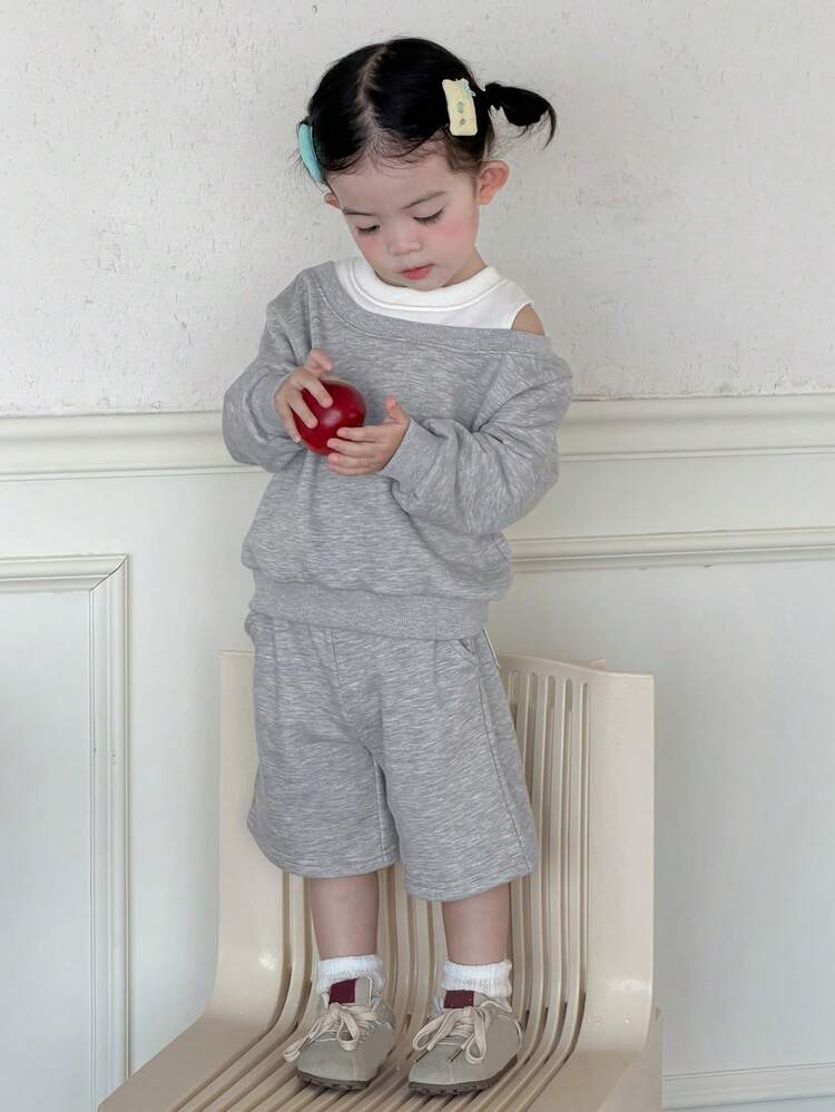 2pcs Baby Girls' Round Neck 2 In 1 Cold Shoulder Long Sleeve Sweatshirt And Shorts Set Toddler Girls Clothes