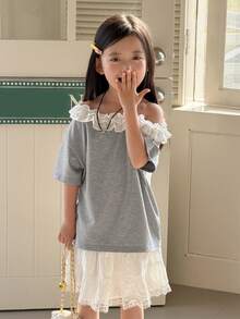 DAZY Young Girl' Casual Ruffle Trim Asymmetrical Shoulder Short Sleeve T-Shirt - Grey - View 3