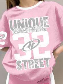 مجموعة قميص وبنطلون رياضي كاجوال فضفاض للفتيات المراهقات، بتصميم رقم الشارع بلون وردي فاتح، مناسبة للخريف - أبيض - مشاهدة 2