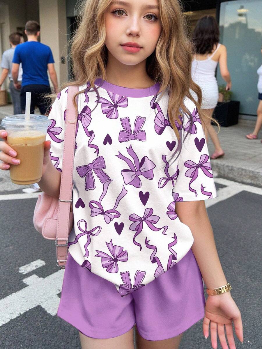 Bộ 2 món cho bé gái tuổi teen, áo thun và quần short in hình trái tim và nơ dễ thương, trang phục mùa hè thường ngày. - Nhiều màu - Xem 1