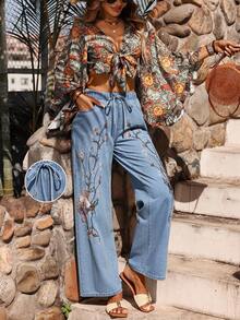 Breezaya Women's Elastic Waist Embroidered Pocket Wide Leg Loose Casual Jeans - Light Wash - View 1