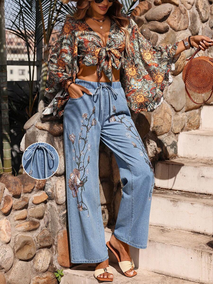 Breezaya Women's Elastic Waist Embroidered Pocket Wide Leg Loose Casual Jeans - Light Wash - View 1