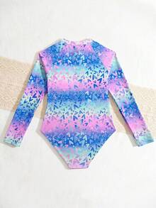 Tween Girls One-Pieces Swimsuit, Casual Vacation, Blue, Iridescent Gradient Heart Print, Long-Sleeved, Sun Protection Set  ,Tween Rashguard Swimsuit Tween Girl Rash Guard Long Sleeve Swimsuit Girl Tween Swimsuit Rashguard Teen Girl Swim Rash Guard Tween Long Sleeve Rashguard Tween Girl Swim Rash Guard - Multicolor - View 2