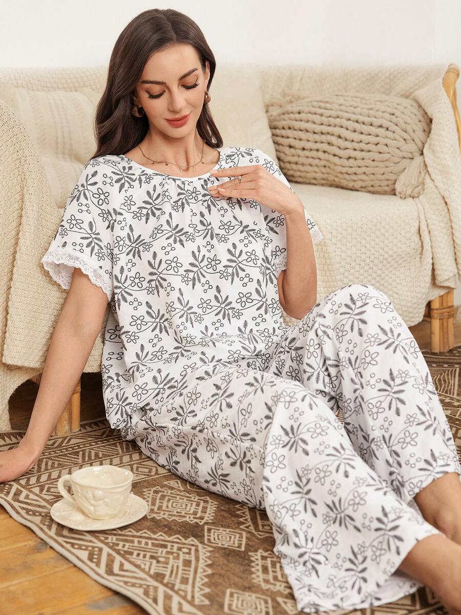 SHEIN Elegant Lace Embroidery Print Short Sleeve Pajama Set For Women - White - View 1