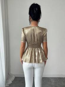 Elenzga Women's Fashion Deep V-Neck Puff Sleeve Cinched Waist Metal Button Irregular Hem Elegant Daily, Vacation, Outing, Party Short Sleeve Blouse, Spring/Summer - Gold - View 2