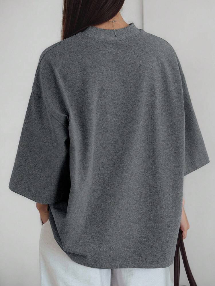Grey Loose Casual Business Style Fashion Office Wear Short Sleeve T-Shirt For Women, Spring/Summer
