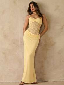 SHEIN BAE Đầm ren xếp ly xuyên thấu màu đỏ/đỏ tía, hở lưng, gợi cảm với dây đeo mảnh, đầm đi biển mùa hè, đầm hở lưng phong cách Bohemian, trang phục dự hòa nhạc cho nữ, đầm phù dâu. - Màu vàng - Xem 4