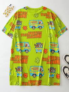 SCOOBY-DOO X SHEIN Plus Size Summer Casual Letter & Car Print Round Neck Short Sleeve Sleep Dress Oversize Sleep Dress - Green - View 2