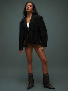 Hauture Women's Sexy Boho Faux Suede Dark Chocolate With Fringe Bold Shoulder Jacket - Black - View 4