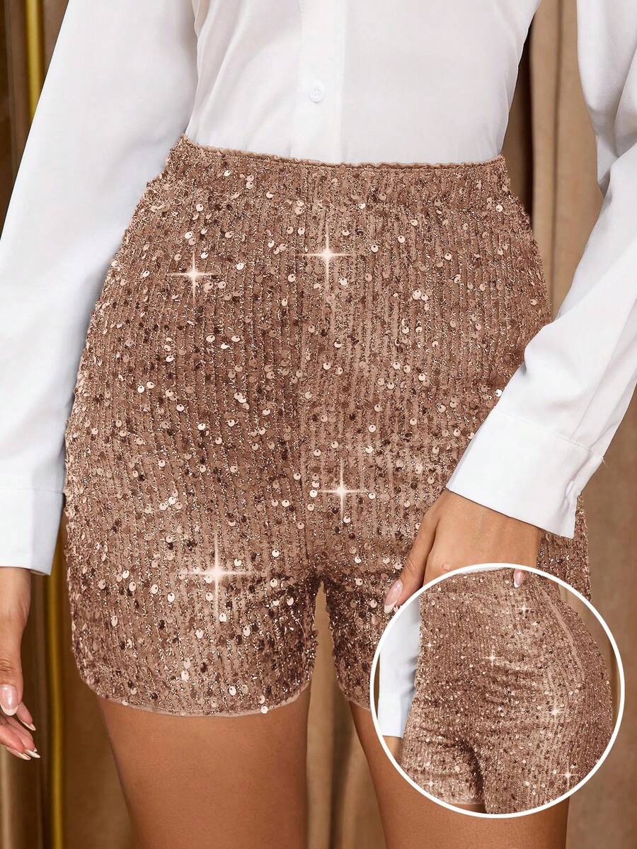 Amorya Women's Elegant Sequin Embellished High Waist Shorts, Suitable For Party, Date, Evening Events In Spring, Summer, Autumn, Winter - Coral Pink - View 1