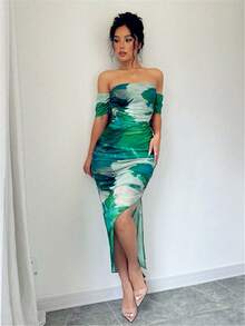 Elenzga 女士优雅扎染印花露肩修身连衣裙，带褶裥和侧开衩，夏季长款女装 - 綠色 - 查看 4