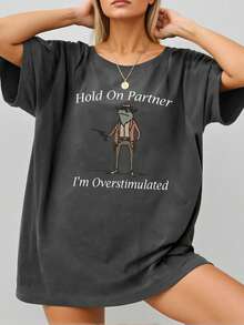 INAWLY Áo thun cổ tròn in khẩu hiệu thường ngày cỡ lớn dành cho nữ, mùa hè - Màu xám đen - Xem 1