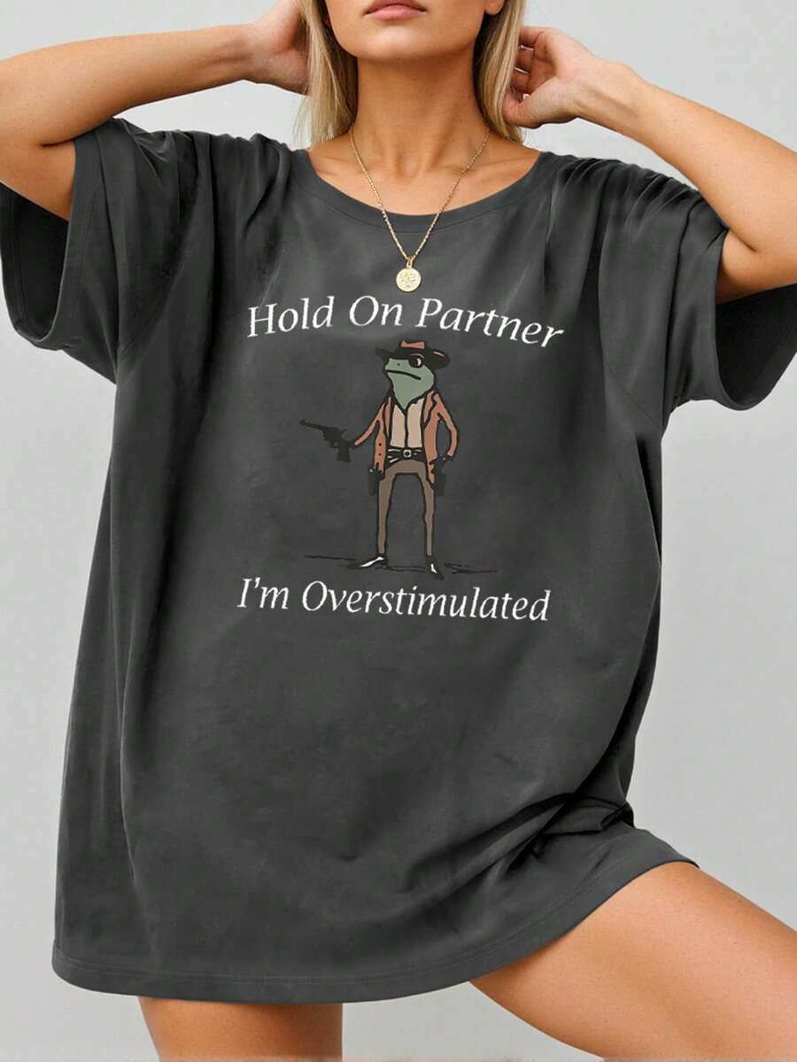 INAWLY Áo thun cổ tròn in khẩu hiệu thường ngày cỡ lớn dành cho nữ, mùa hè - Màu xám đen - Xem 1