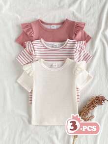 SHEIN Vintaside Kids 3件套女婴舒适休闲常规厚度针织罗纹条纹纯色圆领荷叶边下摆短袖简约T恤，时尚百搭，适合夏季、居家、外出、旅行、上学和日常穿着。 - 彩色 - 查看 1