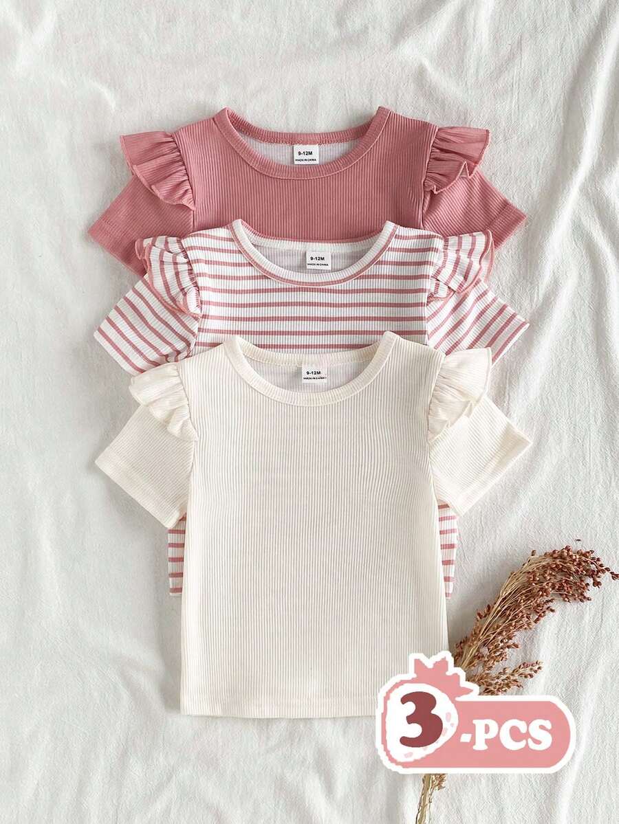 SHEIN Vintaside Kids 3件套女婴舒适休闲常规厚度针织罗纹条纹纯色圆领荷叶边下摆短袖简约T恤,时尚百搭,适合夏季、居家、外出、旅行、上学和日常穿着。 - 彩色 - 查看 1