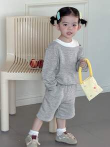 DAZY 2pcs Baby Girls' Round Neck 2 In 1 Off-Shoulder Long Sleeve Sweatshirt And Shorts Set