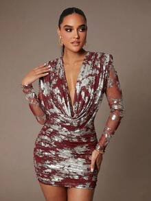 Silquee Đầm mini thanh lịch và lộng lẫy dành cho nữ, thích hợp cho mùa thu đông, dự tiệc, Halloween, dáng ôm, màu đen, in họa tiết vàng, cổ cao, chi tiết xếp ly. - Màu Đỏ Sâu - Xem 6