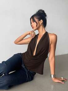 Aloruh Áo croptop hở lưng cổ yếm đính hạt thời trang gợi cảm, thích hợp cho mùa hè. - Màu nâu Sô-cô-la - Xem 4